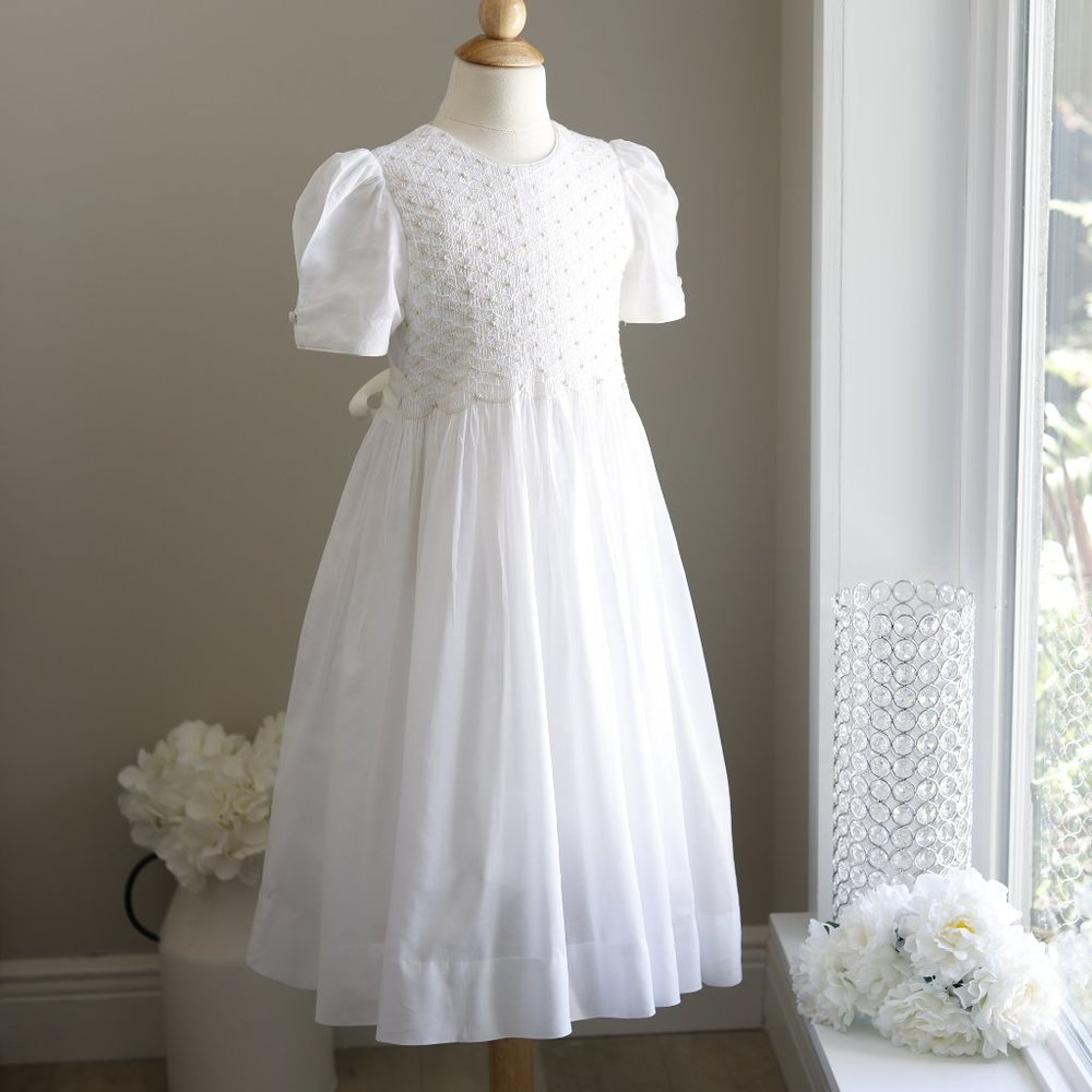 Strasburg Dress White Smocked Ivory Trim Ecru Special Occasion Flower Girl